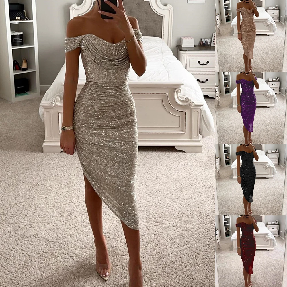 ชุดราตรีผู้หญิงแบบไม่มีแขนเปิดไหล่ประดับเลื่อม คอวี สำหรับงานพรอม งานแต่งงาน และงานเฉลิมฉลองอย่างเป็นทางการ