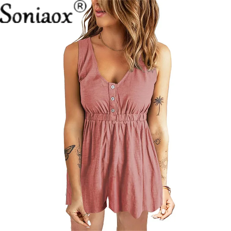 

Women Off Shoulder Casual Solid Jumpsuit 2022 Summer Sleeveless High Waist Button V-Neck Rompers Sexy Strapless Vest Jump Suit