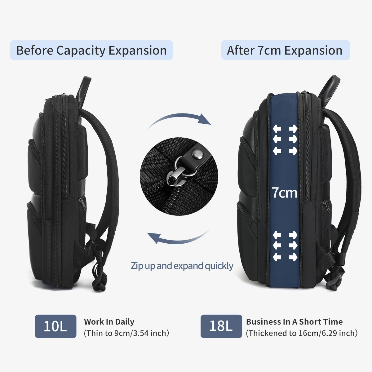 Mochila expandible para hombre, bolsa fina de viaje, resistente al agua, para ordenador portátil de 15,6 pulgadas, garantía de por vida