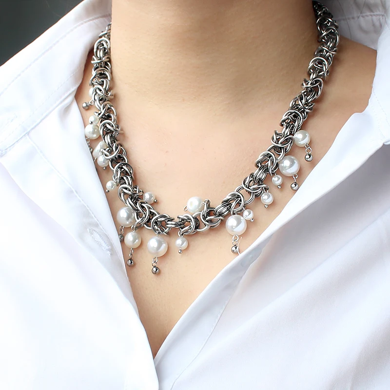 Stainless Steel Chunky Braided Necklace Irregular Pearl Drop Tassel Pendant Necklace Vintage Gothic Statement Neck Jewelry Gift