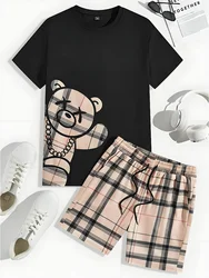 2-piece Set Men's Casual Everyday Set 3D Bear Print Men's Short-sleeved Top Plaid Print Men's Shorts Street Fashion Men's Set