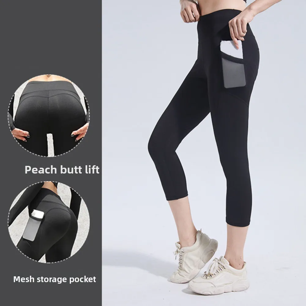 

Tighten The Abdomen Calf Length Yoga Cropped Pants Sportswear Quick Dry Fitness Pants Hip Lift Mesh Pocket Sports Leggings Yoga