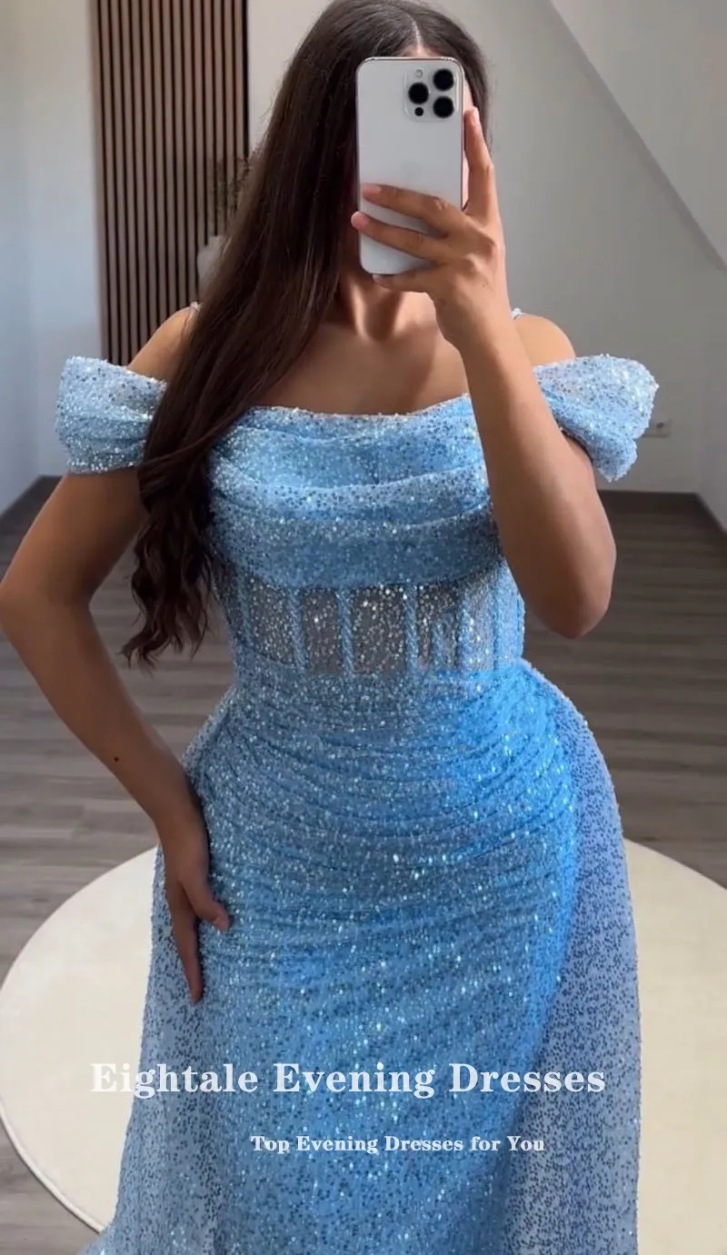 Eightale Luxury Evening dresses Customized Spaghetti Strap Sequin Mermaid Prom Party Gown with Detachable Skirt Robe De Soirée