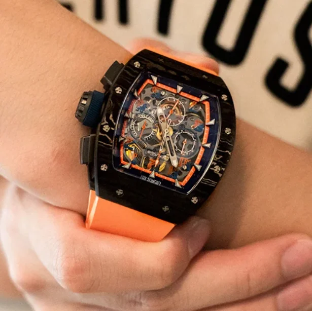 CRONUSART Men Chronograph Watch 50mm Tonneau Automatic Mechanical Wristwatch Carbon Fibre Case Luminous Skeleton Dial