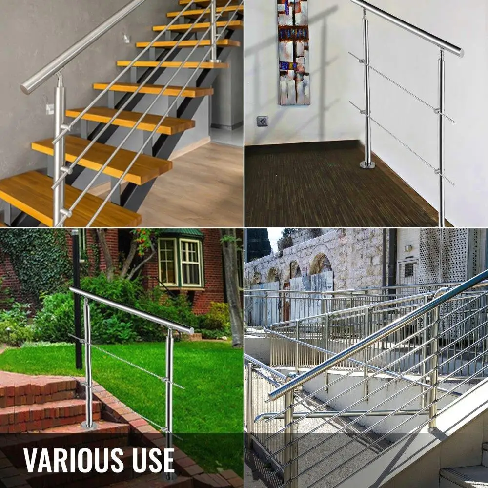 Pasamanos de escalera de acero inoxidable de 39,4" con 2 barras transversales: duradero para barandilla de jardín interior/exterior para una fácil instalación