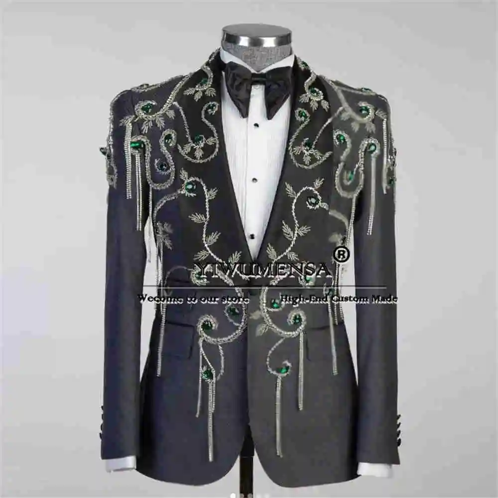 

Luxury Groom Wedding Suits Handmade Crystals Beaded Jacket Pants 2 Pieces Sets Men's Tuxedos Tailored Costume Homme Pour Mariage