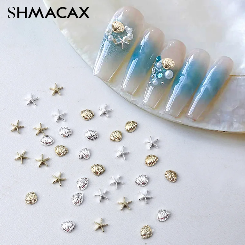 20Pcs Shell Nail Art Charms 3D Alloy Five-Pointed-Star Silver Crystal Diamond Nail Decoration Luxury Manicure Accessories