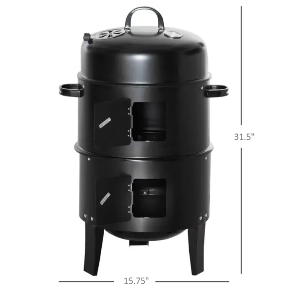 3-in-1 BBQ grill,Black  smoker & fire pit Anti-scald handles for safe operation Two-tier cooking area can be separated BBQ Grill