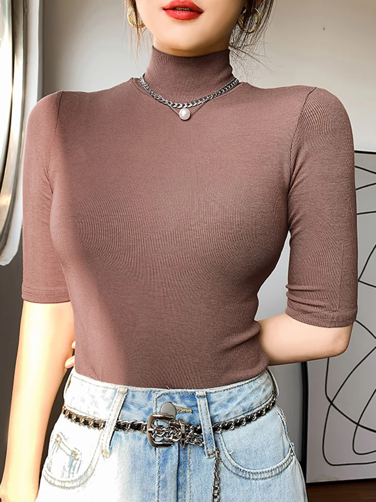 Grundlegende Baumwolle T Shirt Frauen Rollkragen Dünnes T-shirt Kurzarm T-shirts Weibliche Casual Elastizität Weiß T Shirt Femme Frau Top