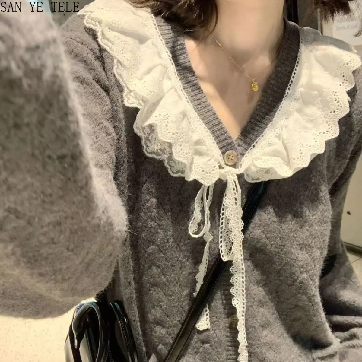 

Милый милый вязаный свитер с кружевным воротником, кардиган, женский осенне-зимний ретро нежный v-образный вырез, верхняя одежда с длинными рукавами, повседневная повседневная одежда