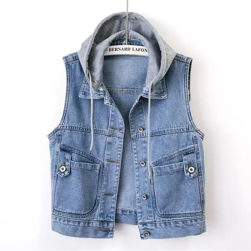 

Women Hooded Denim Vest Detachable Hood Sleeveless Waistcoat Spring Autumn Fashion Single-Breasted Loose Outerwear Female