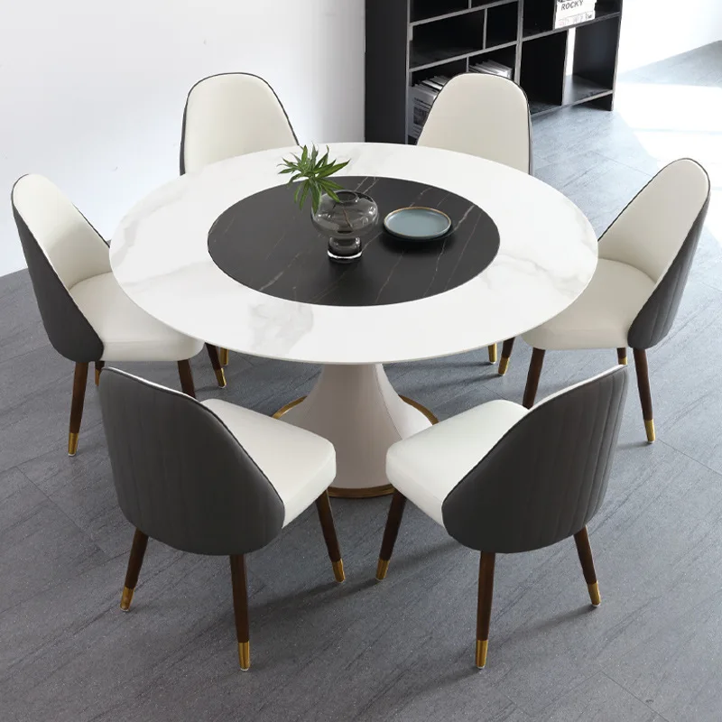 Rock slab inlaid turntable round dining table small household dining room round inlaid dining table