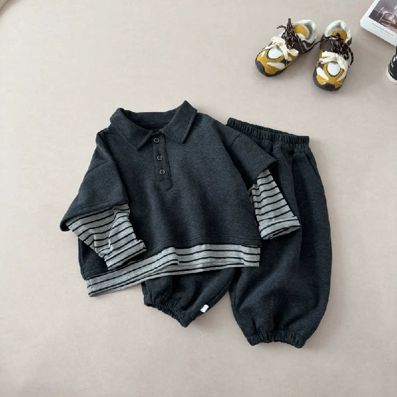 Autumn Boys Girls Tracksuit Sets Children Fake Two Piece Polo Shirt Suits Clothes Kids Striped Patchwork Sweatshirt+Pants 2Pcs