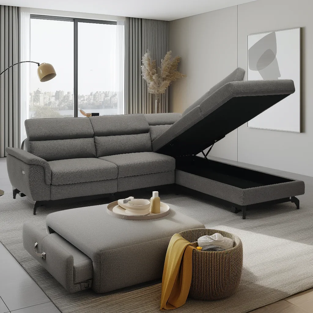 Wholesale Commercial-Grade L-Shape Grey Fabric Sofa Set Reclining and Upholstered with Storage for Villa Living Room Furniture