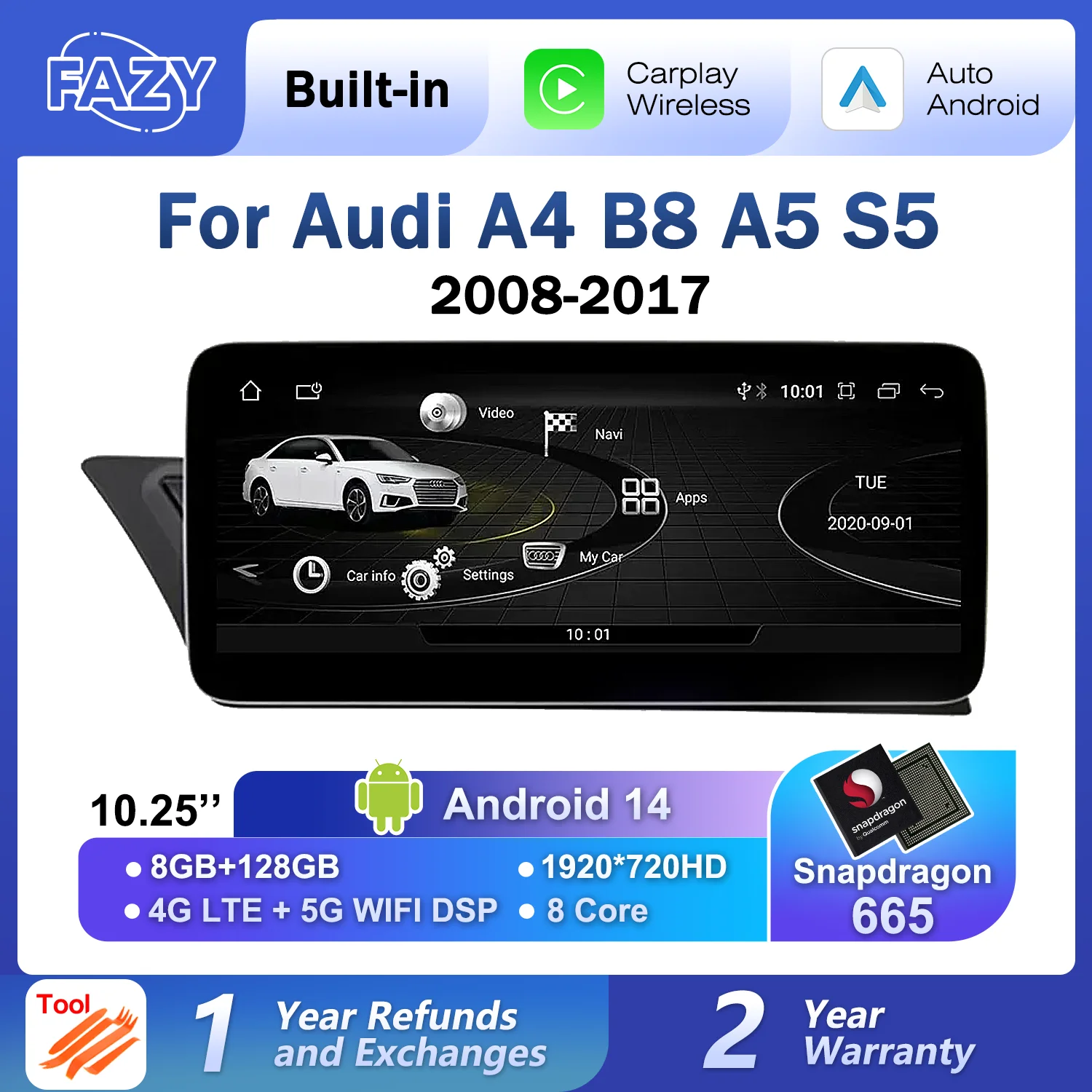 10.25'' Android 14 Wireless Carplay Touch Screen For Audi A4 B8 A5 2008-2017 Car Radio Multimedia Player Navigation DSP Stereo 