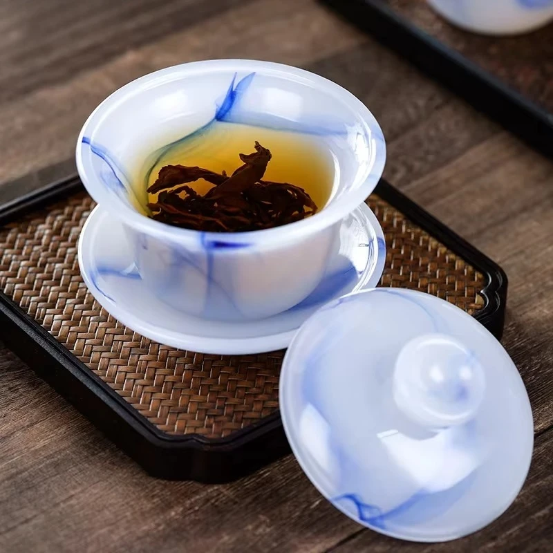 Chinese Sky Blue and White Gaiwan Jade Porcelain Cover Bowl Tea Set  Accessories Nice Gifts