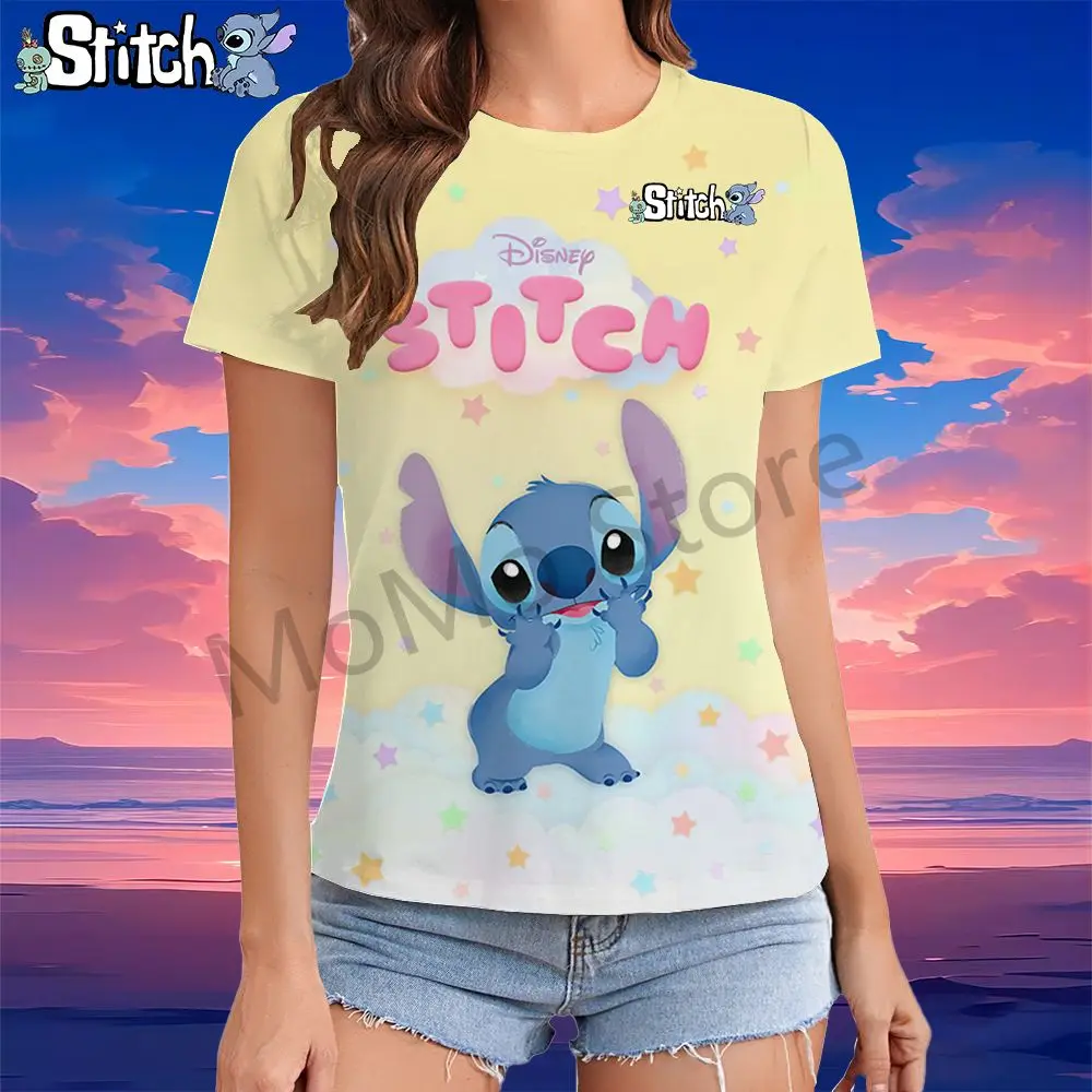 Disney  Stitch Kawaii Women's T-shirt Female Clothing Leisure Youthful Woman Clothes Summer Short Sleeve Tops Y2k Street Wear