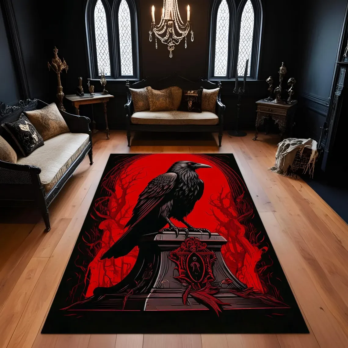 Gothic Raven Rug, Dark Floral Bird Carpet, Witchcore Crow Decor, Occult Animal  Rug, Mystical Rose Art for Moody Rooms