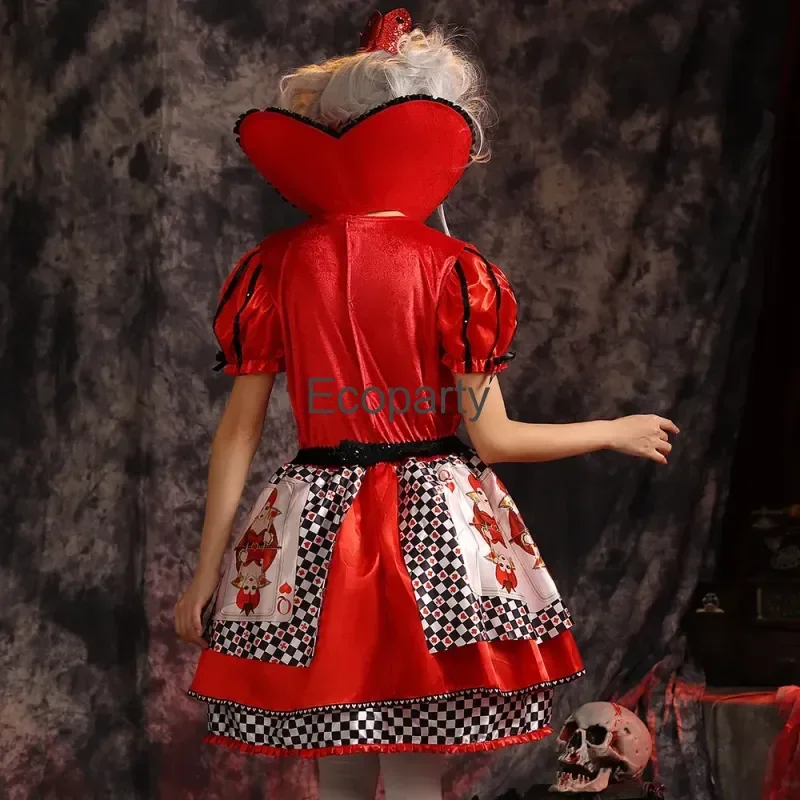 Halloween Girls Wonderland Poker Queen Of Hearts Costume Women Fancy Queen Poker Cosplay Outfits Childs Carnival Party Dress Up