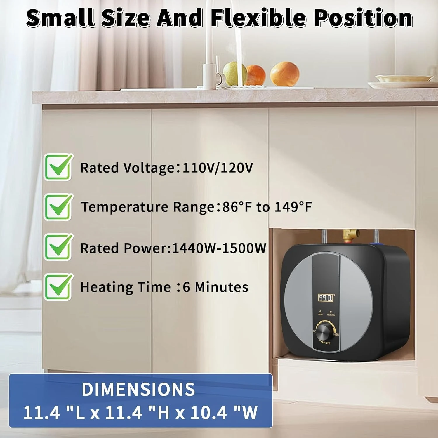 2.5  Electric Water Heater, 1500W 110V Mini Tank Under Sink Instant Hot Water Heater with Pressure Release Valve,
