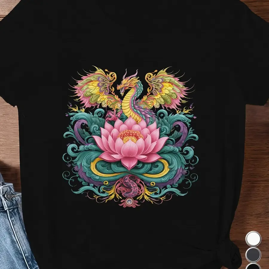 Lotus Dragon Camiseta deportiva de manga corta para mujer, talla grande