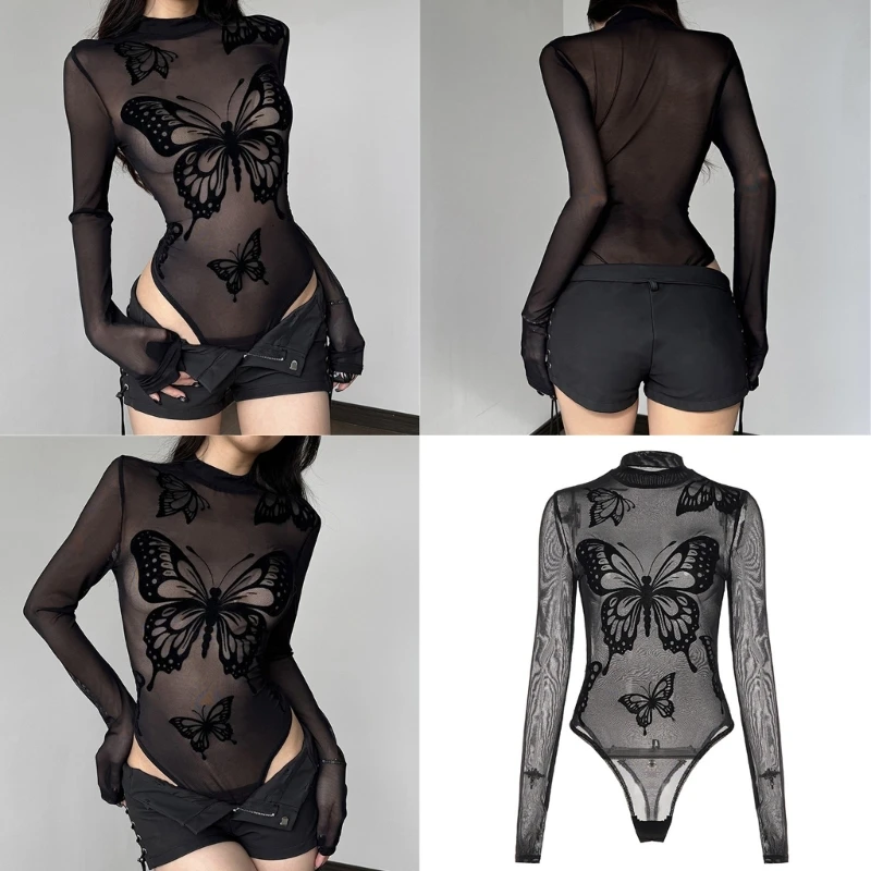 

E15F Women's Mock Neck Butterfly Sheer Mesh Bodysuit Long Sleeve See Through Leotard Jumpsuit for Clubbing and Night Out