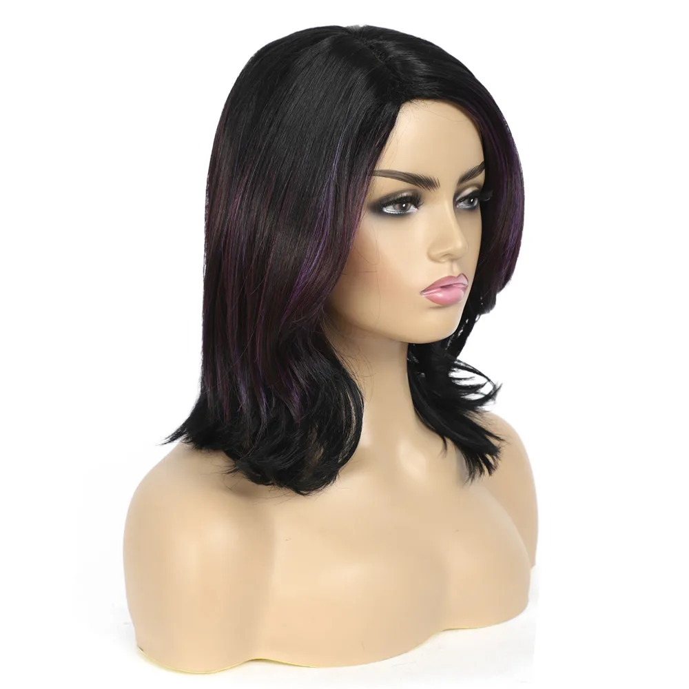 Wig Rambut Sintetis untuk Wanita, Wig Mesin Harian Warna Ungu Serat Temperatur Tinggi Panjang Medium Gaya Vintage Bagian Samping X-TRESS