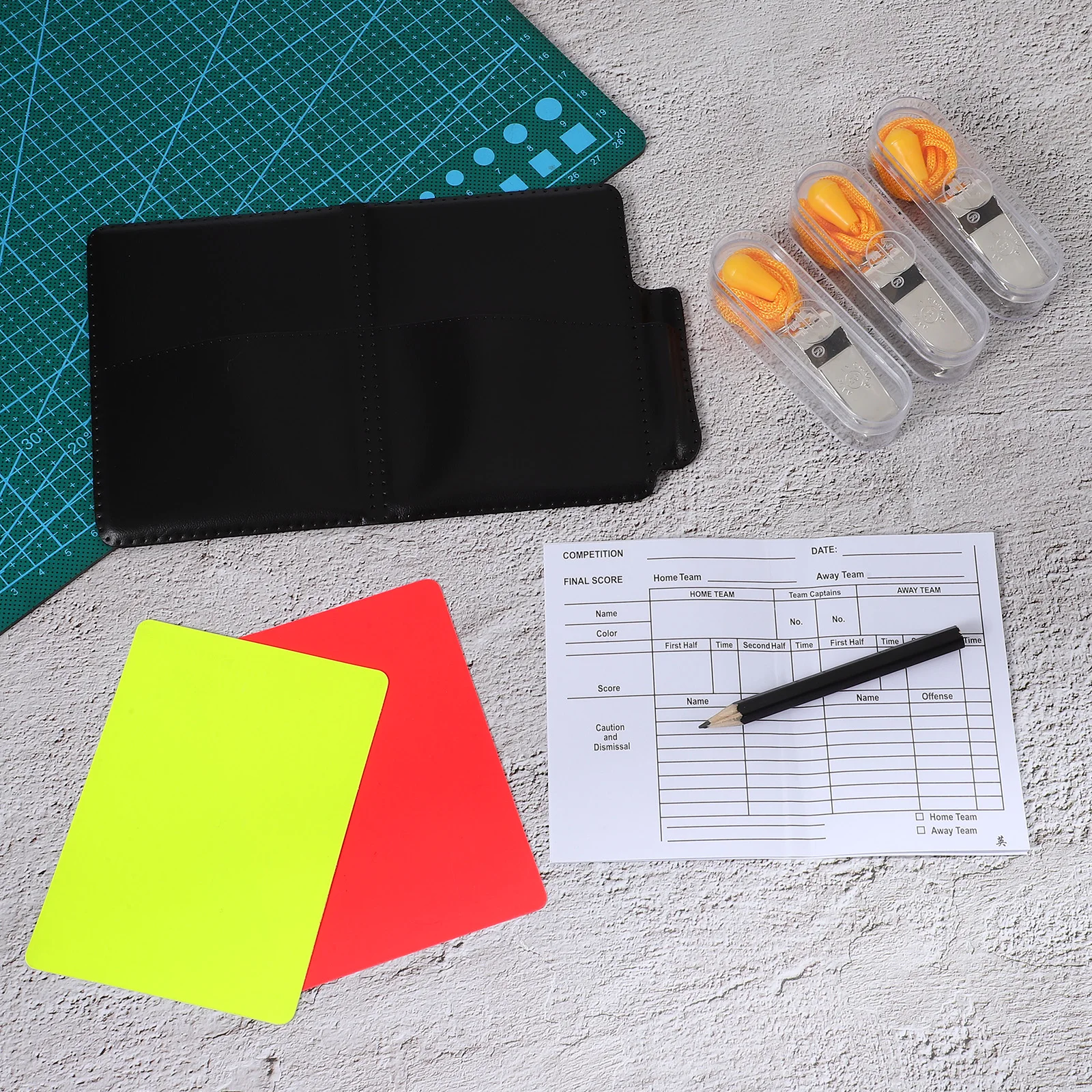 

1 Set Referee Kit Standard Penalty Cards Whistle Score Sheet Pencil Portable Wallet For Football Basketball Volleyball Match