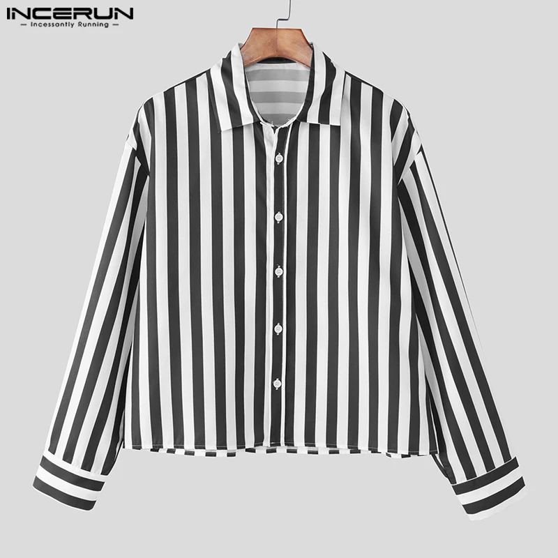 

Мужская полосатая рубашка с лацканами и длинными рукавами на пуговицах, повседневная мужская одежда, свободные рубашки 2025 года, уличная одежда, модные мужские укороченные топы S-5XL INCERUN