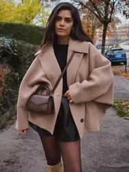 Trafza Winter Damen lose kurze Jacke Stehkragen Langarm Knopf Freizeit jacke Damen Wolle gemischt Khaki Top y2k