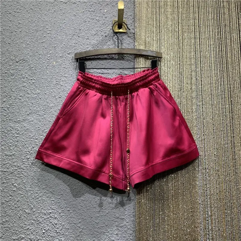 

Shorts Women Hotpants European Style Summer Elastic High Waisted Satin Loose Rose Pink A-line Wide Leg Casual Fashion Vintage