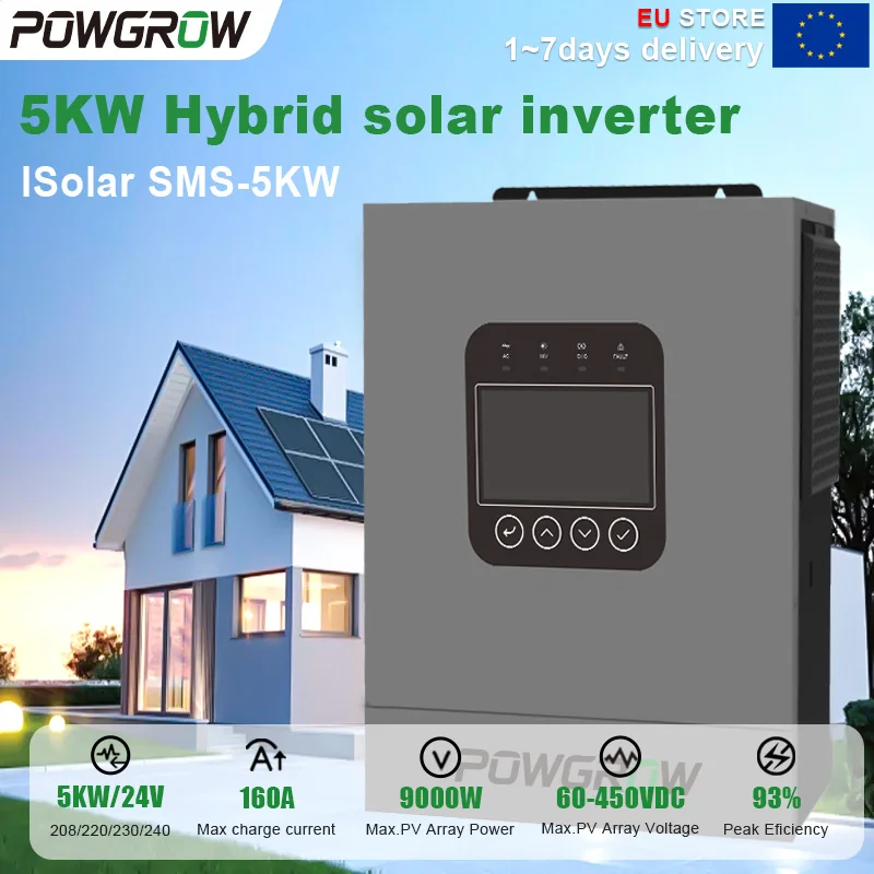 POWGROW 5000W Off Grid Inverter MPPT 24V 60-450VDC 9000W Solar 160A Batterijlader 10KW Piekstroom 20ms Gen Modus Werk Zonder Batterij Thuisgebruik