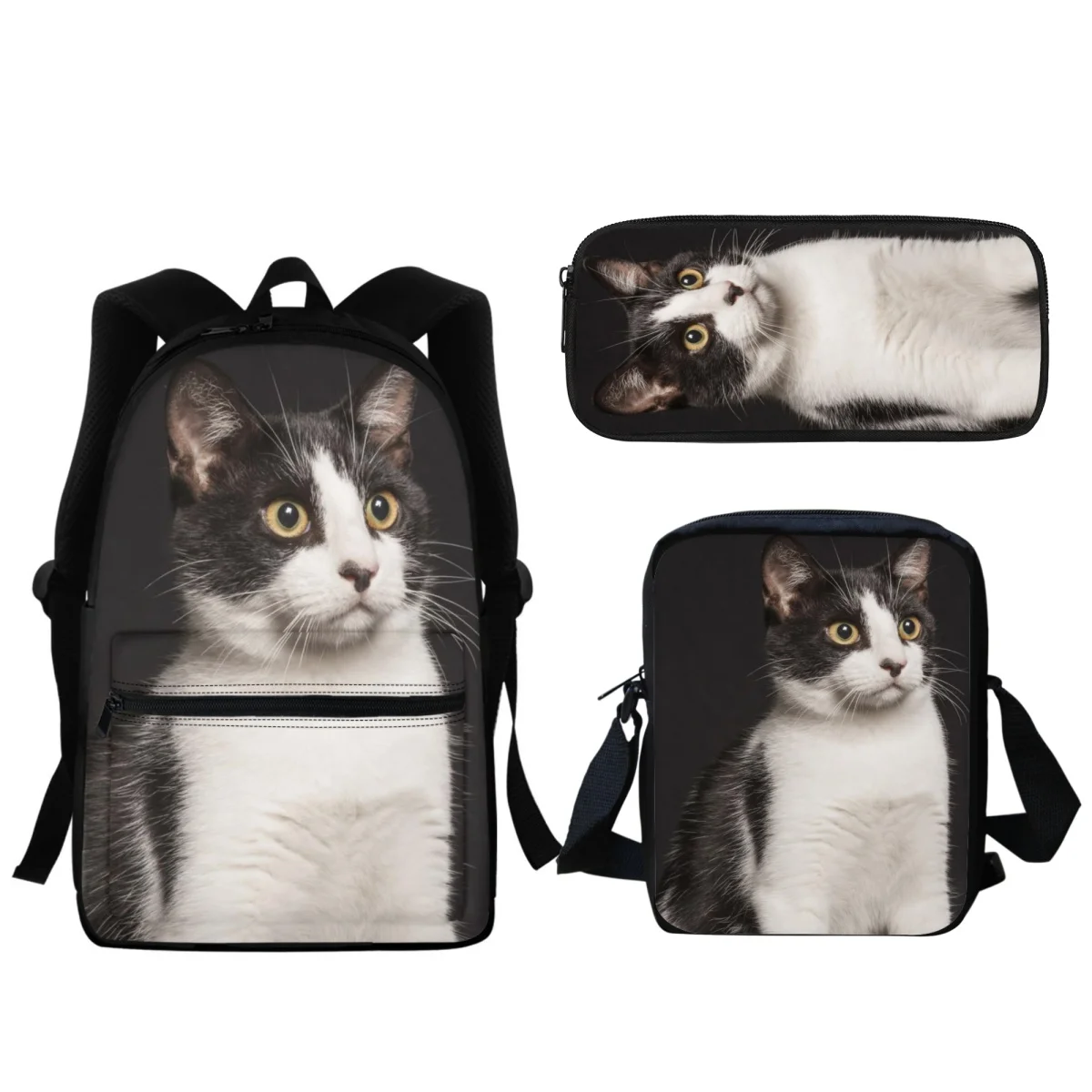 

3PC Cat Print Zipper Backpack Primary School Boys Girls Kids Animal School Bag High Quality Laptop Bag Stationery Organizer 2023