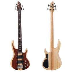 Active 5 String Neck Through Electric Bass Guitar 43 Inch Solid Okoume Body Natural Color Bass Guitar with Free Bag