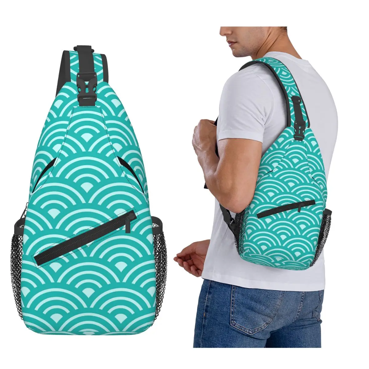 

Turquoise Japanese Wave Chest Bag Men Sling Crossbody Backpack Chest Bag Travel Hiking Daypack Shoulder Bag