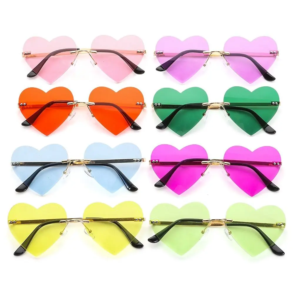 Halloween Cosplay Costume Party Heart-Shaped Metal Sun Glasses Rimless Heart Sunglasses Pink Hippie Sunglasses