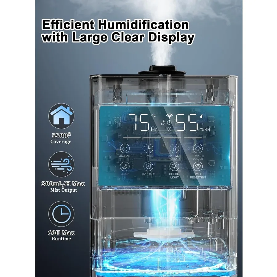 مرطب رذاذ بارد ذكي سعة 9 لتر/2.4 جالون مع تصميم ملء علوي للغرف الكبيرة حتى 550 قدم يتميز بتطبيق التشغيل الهادئ وجهاز التحكم عن بعد