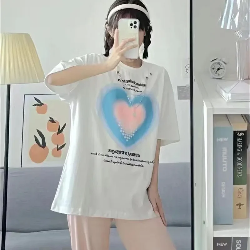 High Street Chain T-shirt Women Summer Fashion New Casual Loose Graphic Sense Print Letter Basics O-neck Tops Feed Chain