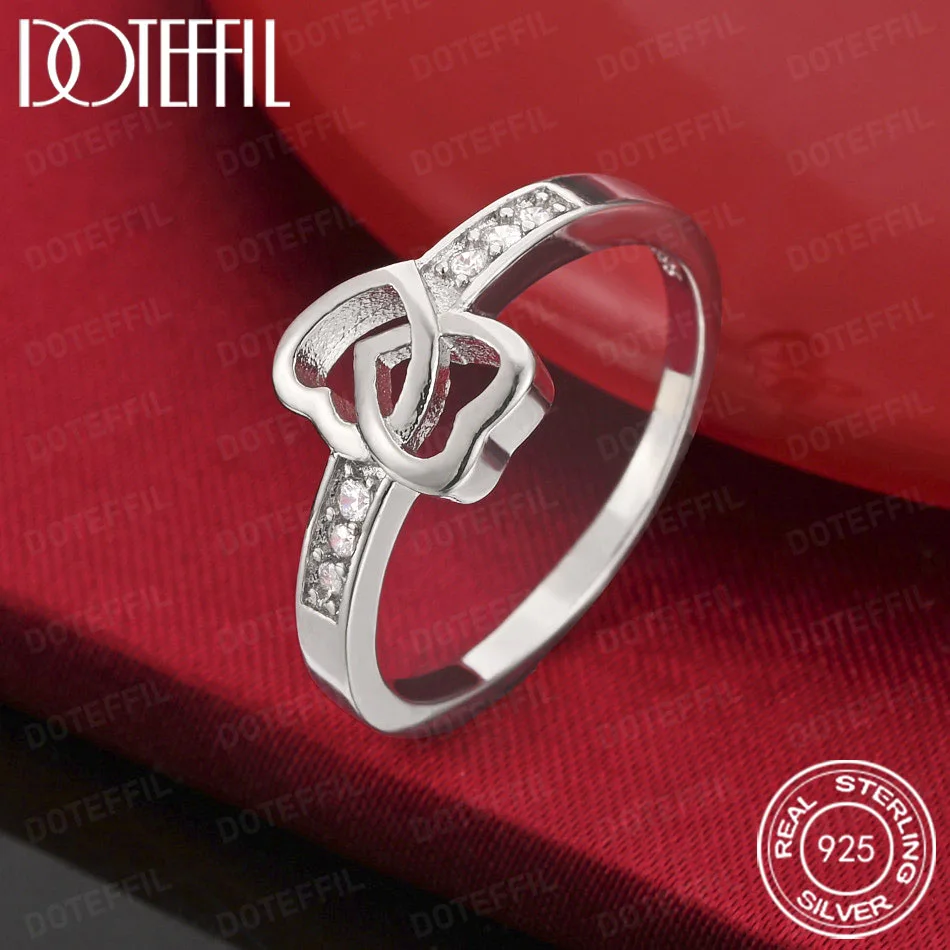 

DOTEFFIL925 Кольцо из стерлингового серебра с двойным сердцем и кристаллами, женские модные украшения, сверкающий аксессуар для стильных женщин