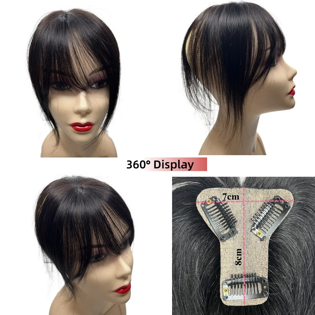 Weiche Echthaar-Topper auf Seidenbasis mit 3D-Luft-Pony für Frauen, Clips in Haarfransen, natürliche Kopfhaut-Haarverlängerung für Haarausfall