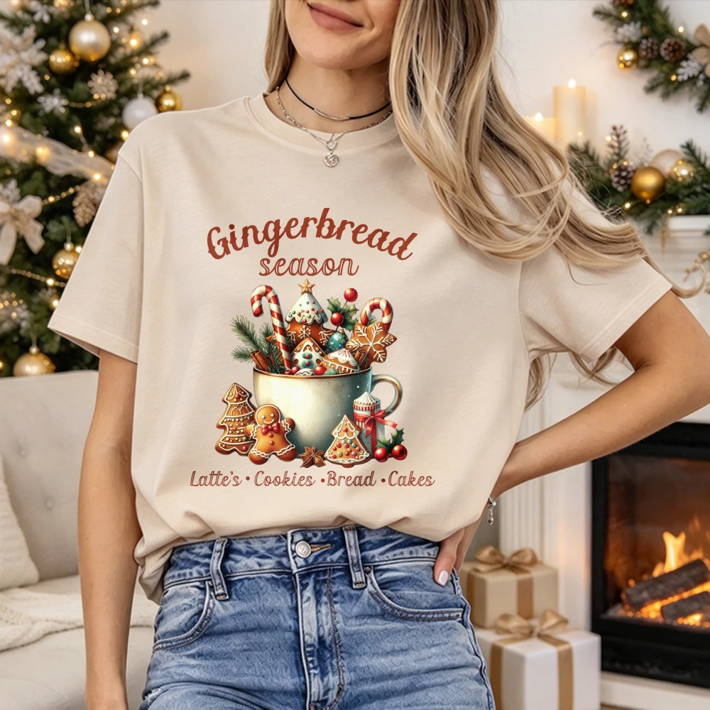 Gingerbread Season Latte Cookies Bread Cakes Mug Graphic T Shirt Vintage Watercolor Candy Cane Holly Christmas Baking Cotton Tee
