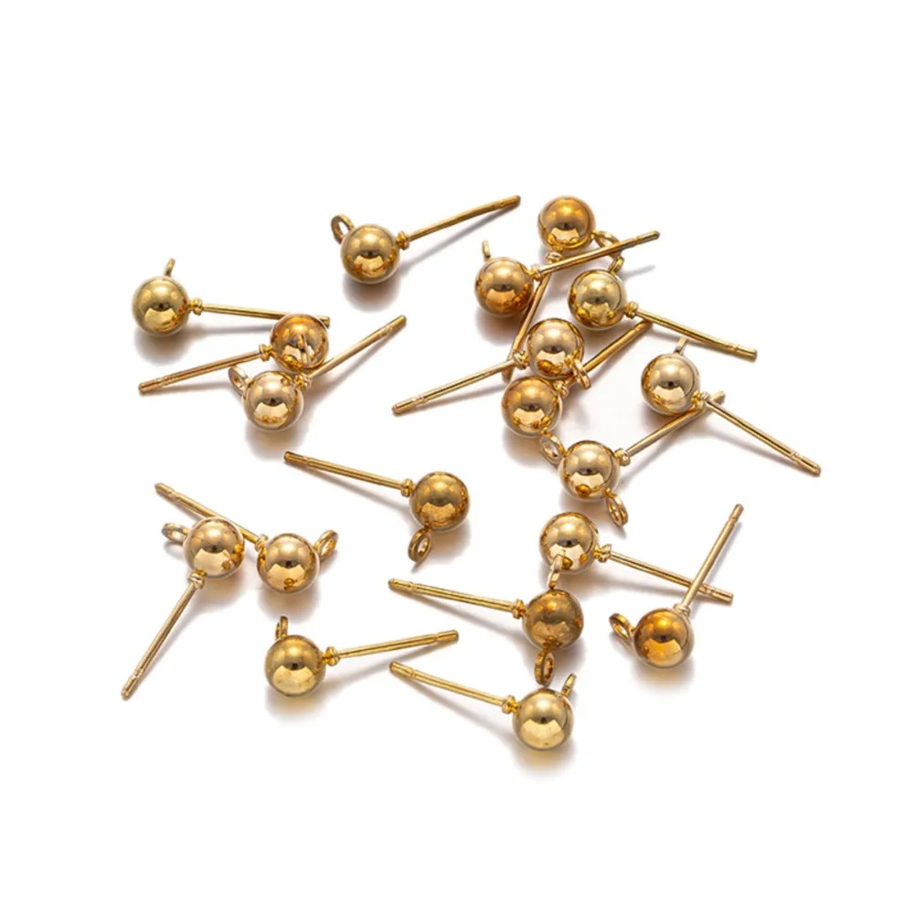 50Pcs 3/4/5mm Gold Silver Eearring Pin with Hole Ball Ear Hook With Sling Needle For DIY Jewelry Making Findings Accessories