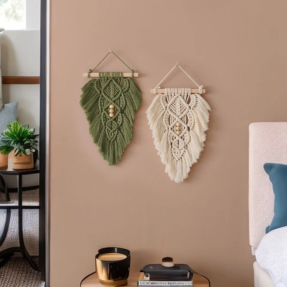 Macrame Leaf Wall Hanging Handwoven Tassel Wall Decor with Wood Beads Boho Home Ornament for Bedroom Living Room.