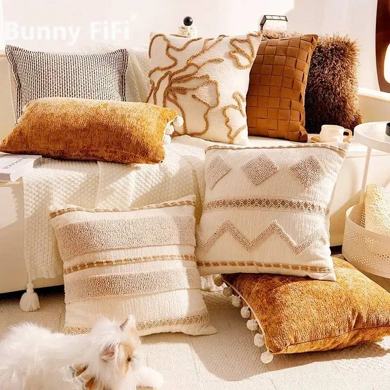 Boho-Kissenhülle im marokkanischen Streifenstil, Chenille, luxuriös, weich, dekorativ, für Sofa, Bett, Heimdekoration