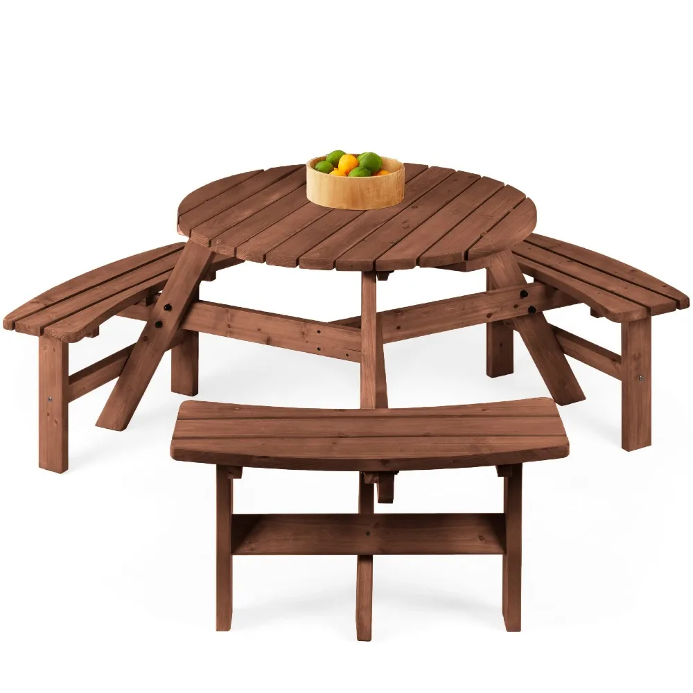 6-Person Circular Outdoor Wooden Picnic Table for Garden, w/ 3 Built-in Benches, 500lb Capacity - Walnut Brown