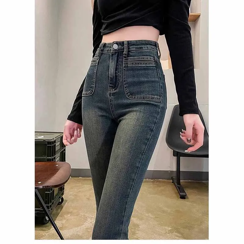 

Women Autumn Winter New Plush Thickening Cement Ash Micro Flared Jeans Female High Waisted Appear Thin Floor Mopping flared Pant