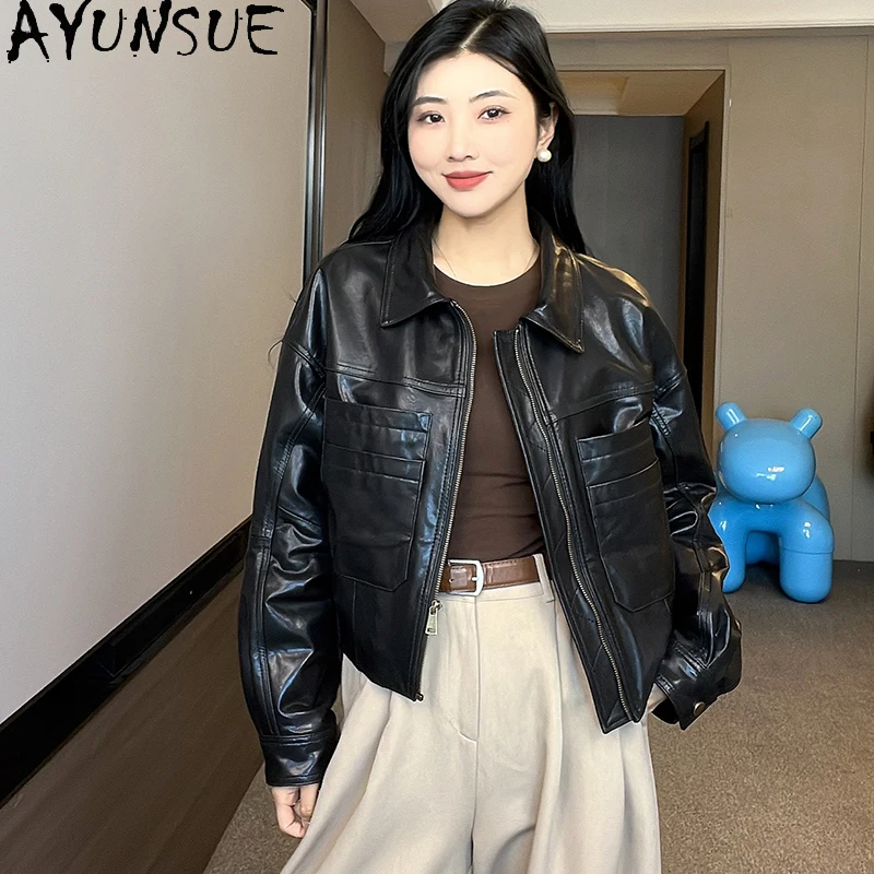 Ayunsue 100% genuíno pele de carneiro jaqueta feminina moda cera óleo jaqueta de couro mulher roupas 2025 outono alta qualidade abrigo mujer