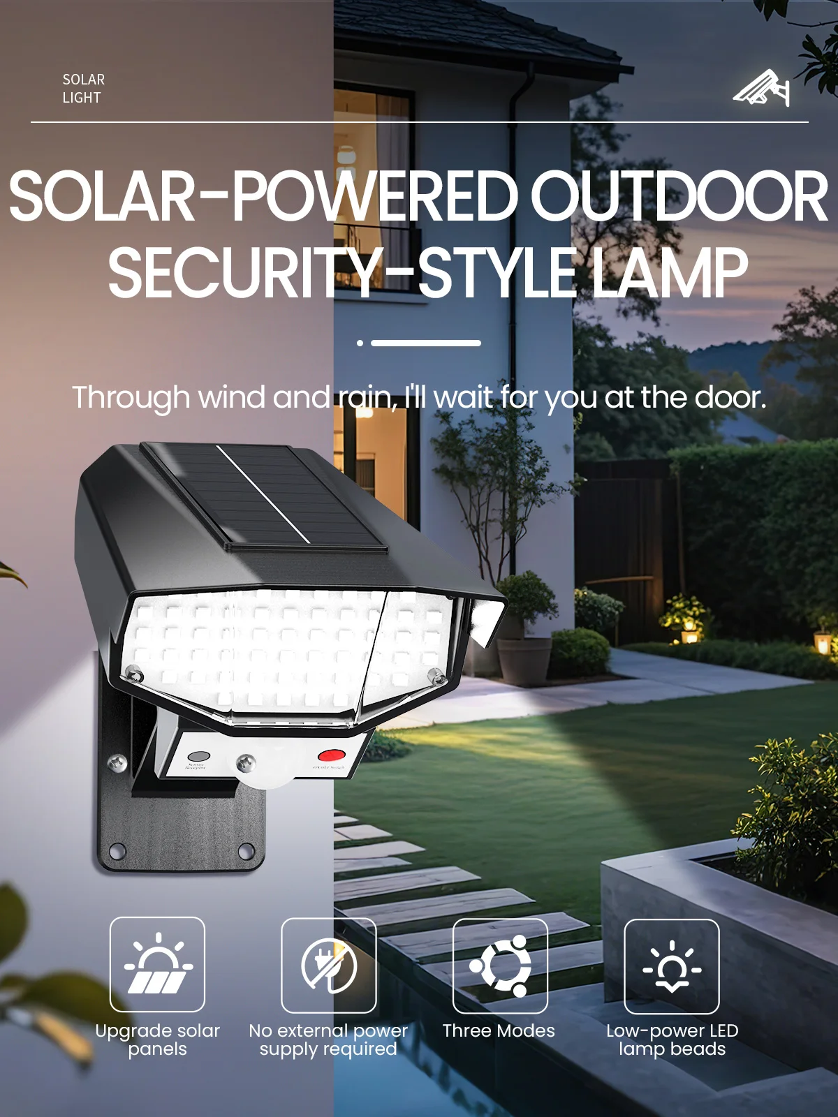 IP67 Outdoor Sports Sensor Solar Light, 65 LED Floodlight, Camera-Style Security Light, Suitable for Porches, Gardens, Courtyard