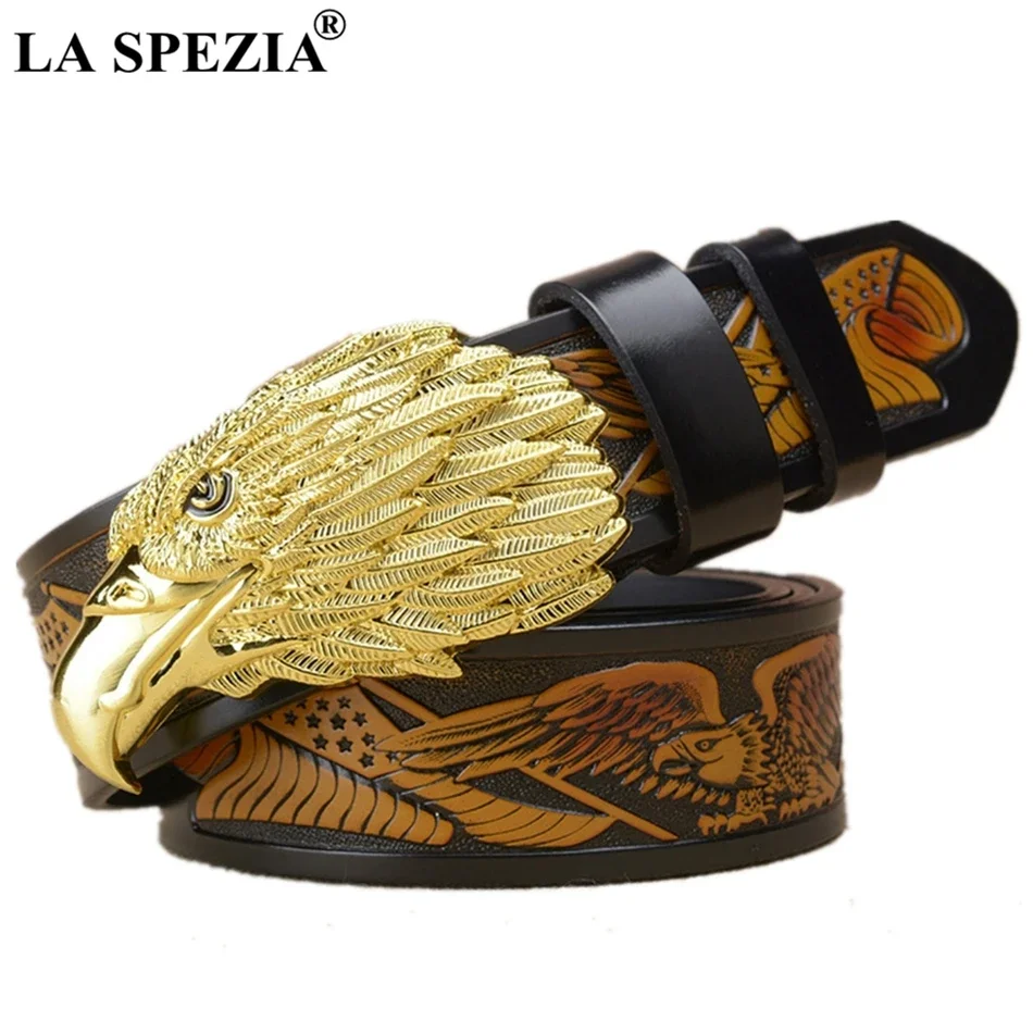 

LA SPEZIA Real Leather Belt Men Gold Eagle Pin Buckle Belt Male Italy Brand Genuine Cowhide Leather Vintage Designer Belts 130cm