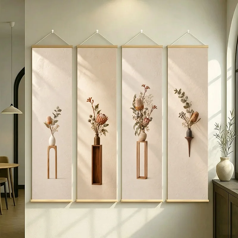 Dried Floral Wall Art 4-Panel Brown Wildflower Vase Scroll Set on Cream Silver Shimmer Canvas for Rustic Dining Room Decor